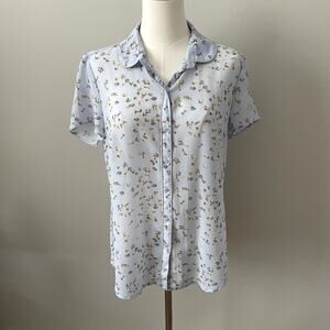 Loft Light Blue Floral Print Sheer Button Down Blouse Sz S